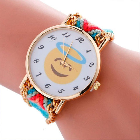 Cute Emoji Pattern Watch with Braided Rope Bracelet and Quartz movement