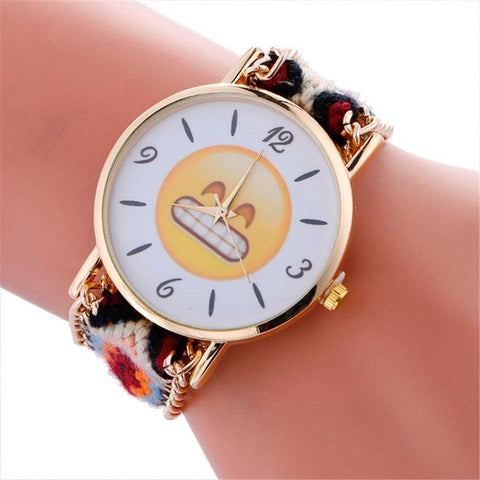 Cute Emoji Pattern Watch with Braided Rope Bracelet and Quartz movement