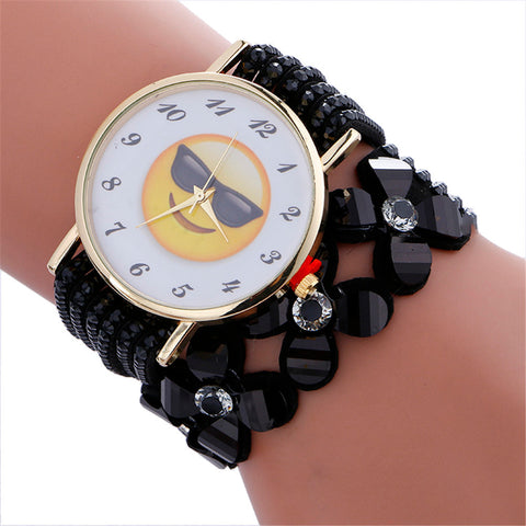 Fashion Cute Emoji Pattern Crystal Leather Bracelet Lady Womans Wrist Watch
